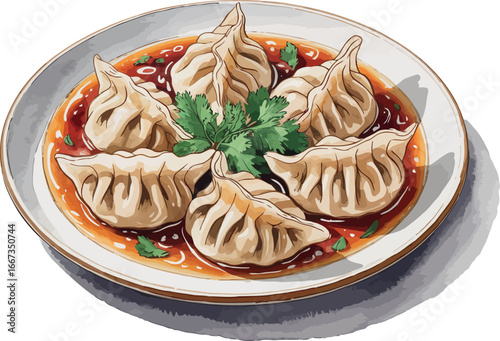  a plate filled with several dumplings, likely gyoza or potstickers, artfully arranged in a rich, reddish-brown sauce. 