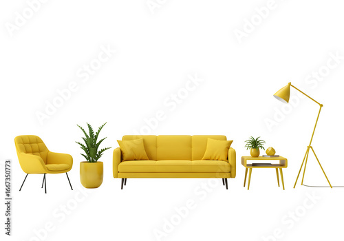 collection of yellow modern furniture items including a sofa, chair, planter, table, lamp isolated on white or a transparent background for interior design, PNG format.