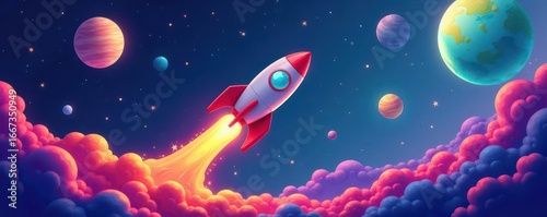 Cartoon rocket launching past colorful planets and stars , simple, coloring