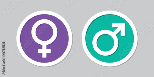 male and female round icon set, green and purple gender button, vector design element