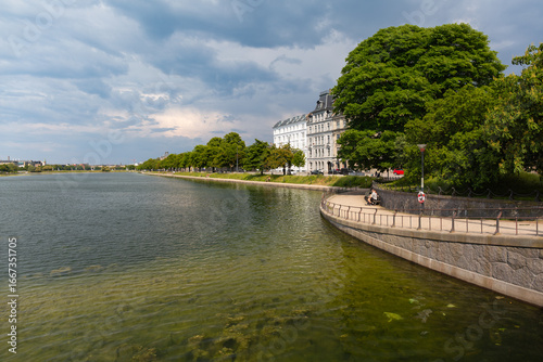 Canvas Print Canal, embankment, trees, architecture, sky with clouds, Copenhagen, Denmark