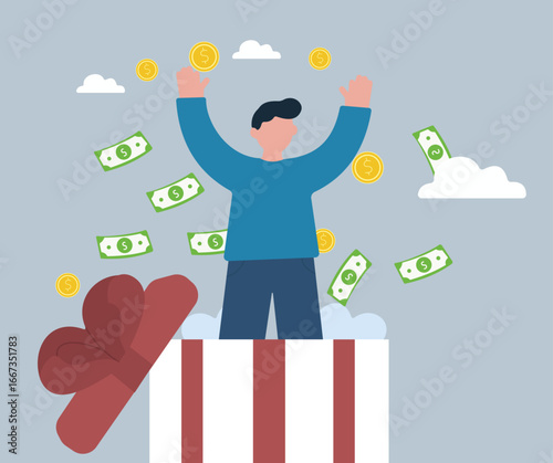 A man joyfully emerges from a gift box as money rains down, symbolizing a surprise bonus, lottery win, or financial reward
