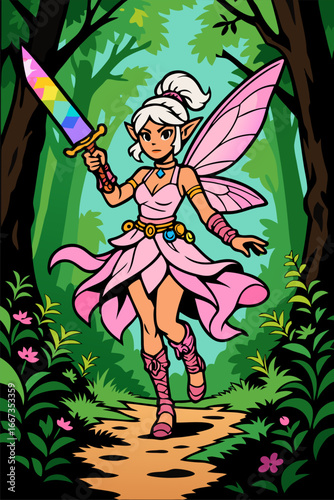 Cute Fairy Warrior with Rainbow Sword in Enchanted Forest — Colorful Fantasy Vector Character for Stickers, Books, and Games