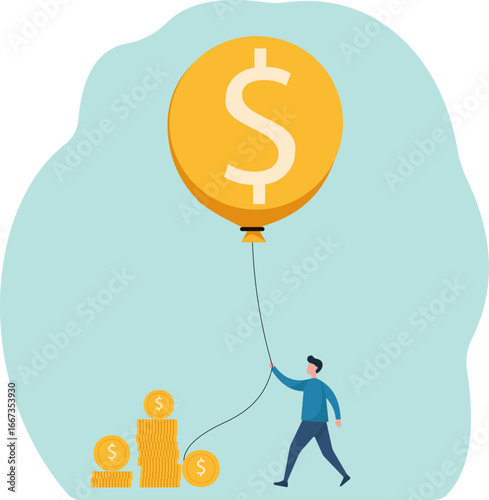 A man controls a money balloon, symbolizing financial management, protecting savings, and preventing wealth from floating away due to inflation or loss