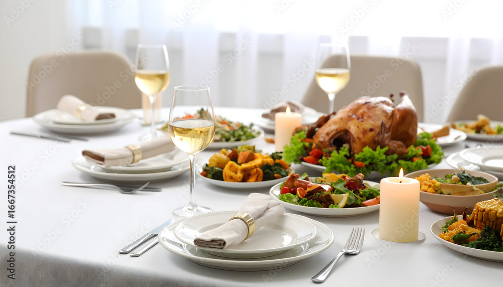 Elegant Holiday Dinner Table with Roast Turkey and Wine Elegant Holiday Dinner Table with Roast Turkey and Wine