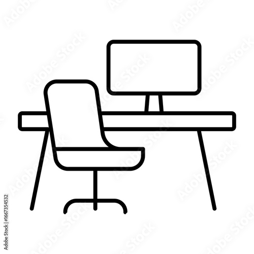 Work Desk Remote Work Broken Line Icon, Minimalist Outline Vector Symbol for Home Office, Workspace, Productivity, Digital Nomad, Online Job and Modern Remote Working Pack