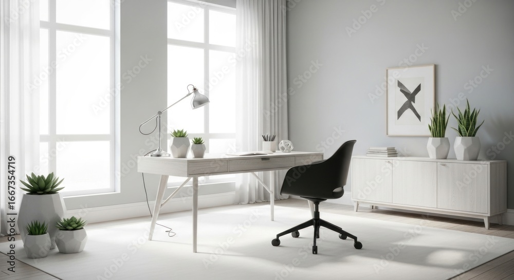 Fototapeta premium Modern Minimalist Home Office: Bright, Airy, and Stylish Workspace with Plants.