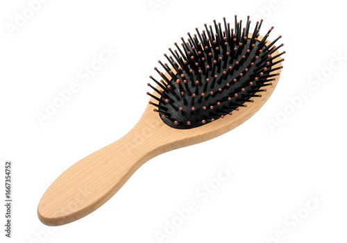 A light-toned wooden-handled hairbrush with black bristles is showcased against a stark black background.