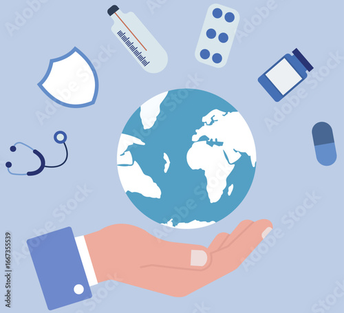 A hand supports the Earth, surrounded by medical icons, symbolizing global healthcare, protection, and collective responsibility for worldwide well-being