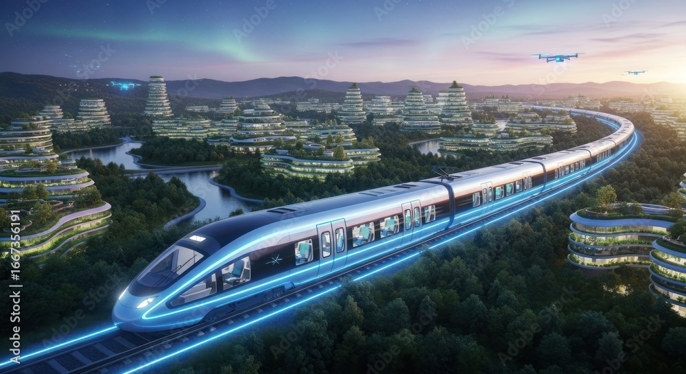 Naklejka premium Futuristic Blue Train Traveling Through Green Sustainable Cityscape