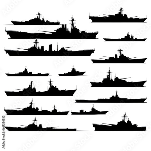 A set of 10 black silhouettes of battleships vector Design.