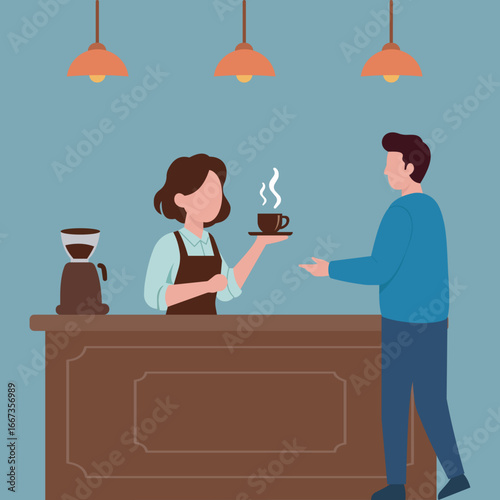 A female barista serves a fresh cup of hot coffee to a customer at a coffee shop counter