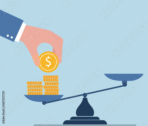 A hand places coins on a tilted scale, symbolizing the weight of financial decisions, investment, value, and economic comparison