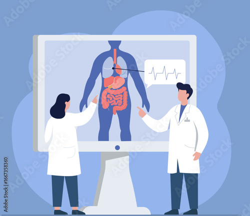 Two doctors analyze a human anatomy diagram and EKG on a large screen. This flat vector illustration depicts medical collaboration and diagnostic technology