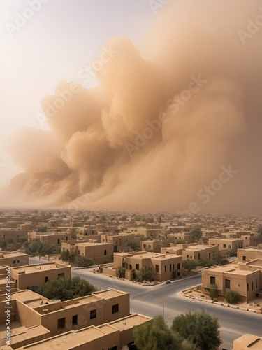 Sandstorm engulfing desert city with diminished visibility