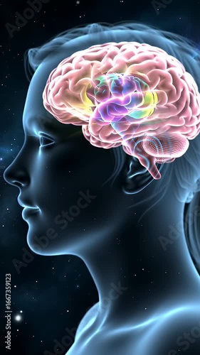 Illuminated Pink Brain within a Translucent Female Head Silhouette Against a Dark Blue Cosmic Backdrop with Twinkling Stars Perfect for Medical Presentations and Educational Purposes