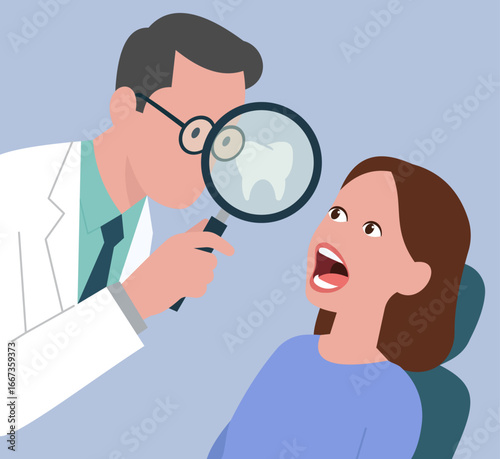 A dentist examines a patient's mouth with a magnifying glass. This flat vector illustration depicts a dental check-up and professional oral healthcare