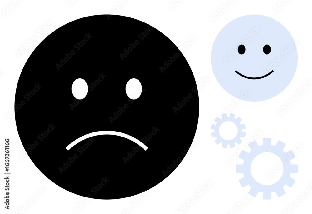 Fototapeta premium Sad face in black contrasts with happy face in light blue alongside gears, suggesting transition, innovation, emotional progress. Ideal for emotions, transformation, mental health, contrast