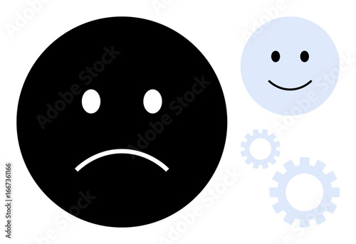 Sad face in black contrasts with happy face in light blue alongside gears, suggesting transition, innovation, emotional progress. Ideal for emotions, transformation, mental health, contrast