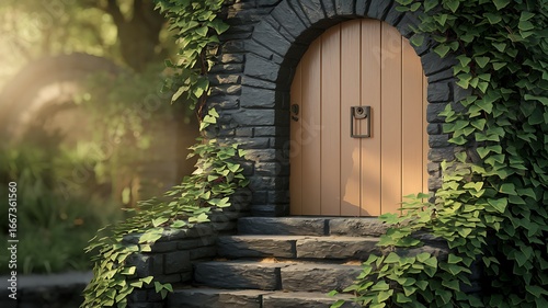 Wooden Door in Stone Archway Hidden in Lush Forest