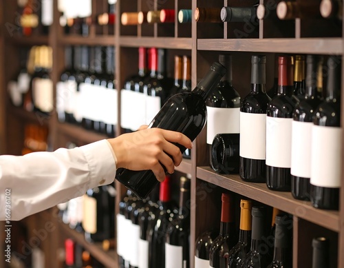 Person selecting wine bottle from store shelves