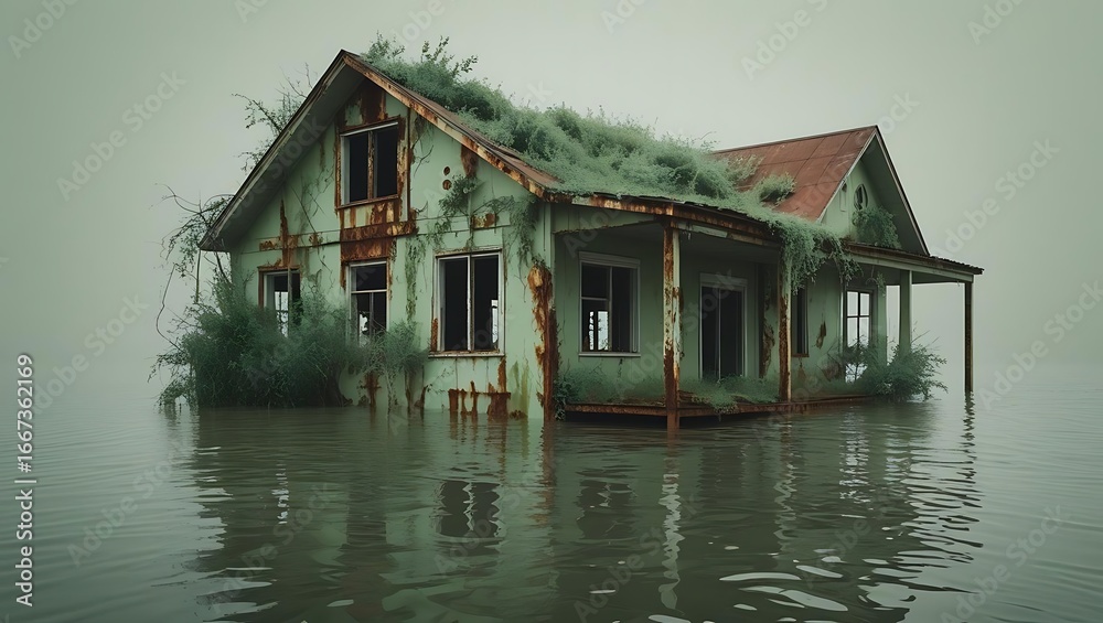 Fototapeta premium Rusted Abandoned House Submerged In Floodwater