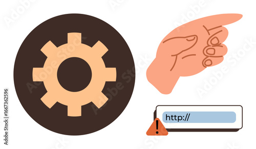 Gear on brown circle suggests system settings, hand points to warning next to a URL representing online issues or security alerts. Ideal for technology, maintenance, security, navigation, error