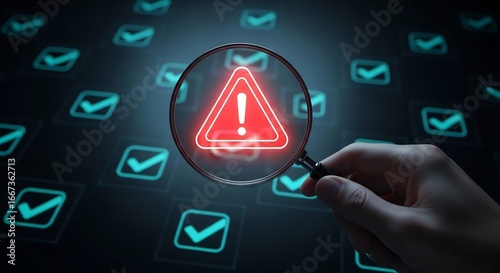 Hand Holding Magnifying Glass Over Warning Signs in Digital Environment
