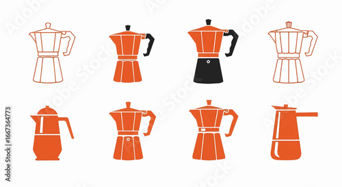 Collection of Moka Pot Coffee Maker Icons Vector Illustration Set