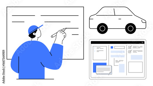 Person writing on a whiteboard, a car icon, and a task organizer interface. Ideal for brainstorming, planning, productivity, organization, innovation mobility and technology. A simple flat metaphor