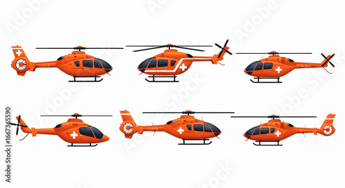 Vector illustration icon set of orange medical helicopters