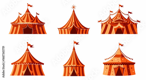 Set of red striped circus big top tent vector illustration icons