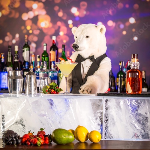 Polar bear bartender mixing drink