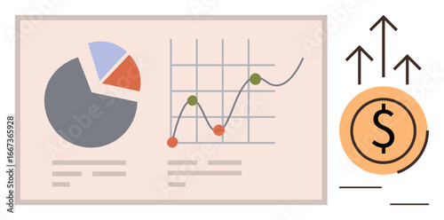 Pie chart, line graph with data points, and a dollar symbol reflecting upward growth and success. Ideal for financial analysis, business growth, market research, investment strategy, economic trends