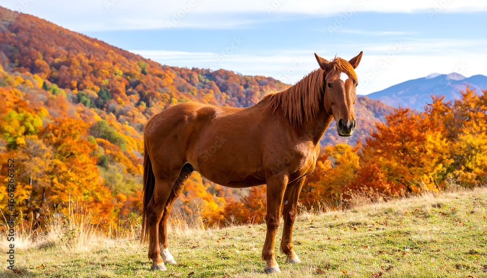 Fototapeta premium Chestnut Horse Autumn Mountain Pasture.