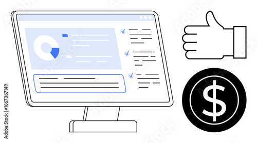 Computer monitor displaying analytical data, pie chart, and checklist, with thumbs-up and dollar icon. Ideal for business analytics, financial reports, growth, success, approval marketing simple