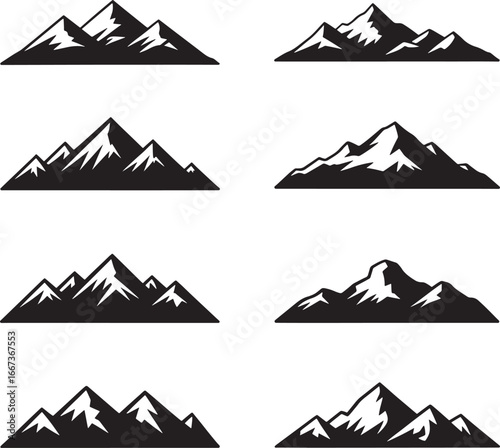 Collection of stylized silhouettes of majestic snow capped mountains