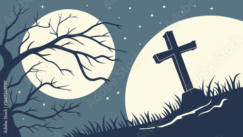 Halloween graveyard scene vector illustration with spooky tree and tombstone design element for autumn 100