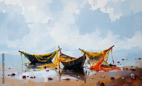 Artistic painting shows three small fishing boats with colorful nets on a serene shore under a cloudy sky. Tranquil coastal scene.
