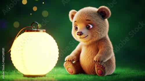 Teddy Bear Sitting Next to Glowing Lantern on Grass Animation