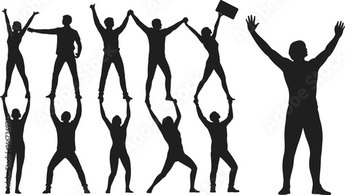 Silhouette people vector illustration, human pyramid teamwork pose, group figures lifting and supporting, black outline characters, celebration and success 