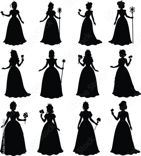 Princess silhouette vector, royal queen gown, elegant dress women, crown and flower illustration, fashion design art, black outline decorative graphic