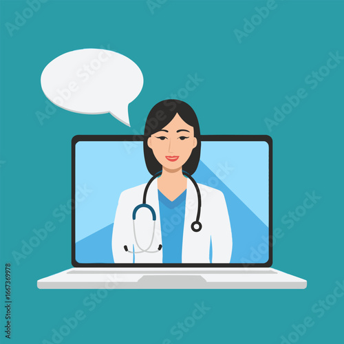 A doctor on a laptop screen with a chat bubble