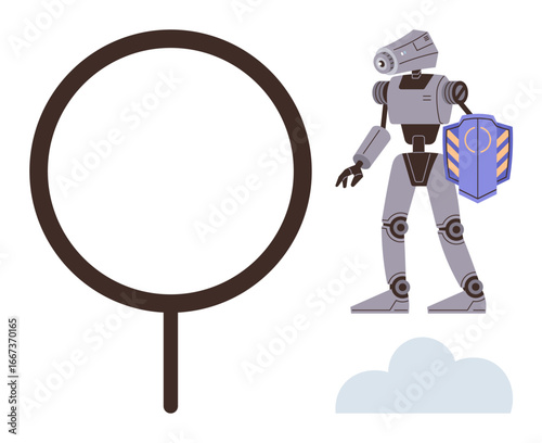 Futuristic robot holding shield near magnifying glass and cloud element. Ideal for technology, AI, cybersecurity, data protection, futuristic concepts, research, and network defense. Simple flat