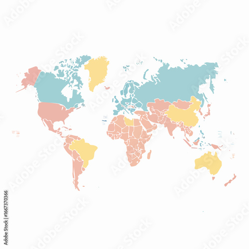 Clean scalable SVG world map with pastel continents. Accurate details, minimal lines, editable labels. Ideal for infographics, education, global presentations, and travel designs.
