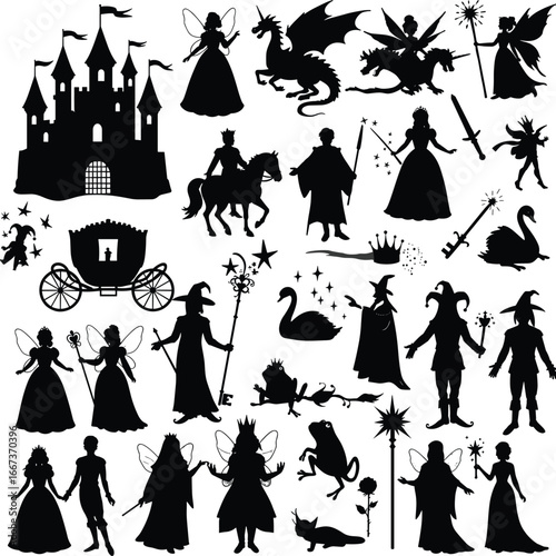 Fairy tale silhouette, magical castle, princess and prince, dragon and unicorn, enchanted carriage, fairy godmother, wizard with wand, fantasy kingdom, storybook characters illustration