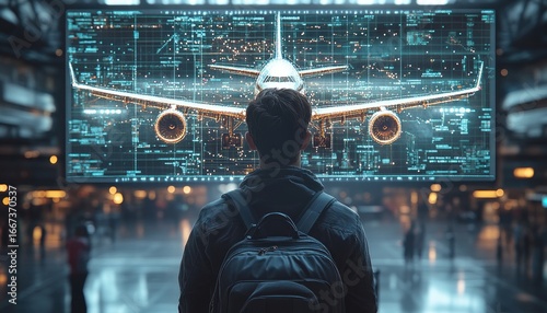 Back view of man with backpack looking at the plane on screen. Great for technology, aviation, or even a modern travel concepts.