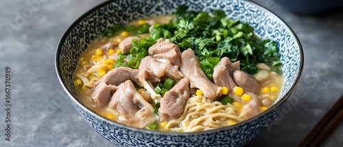 Delicious Asian Pork Ramen Noodle Soup in Bowl