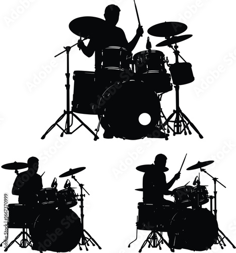 Drummer silhouette, drum set player, percussion instrument art, musician playing drums, live music performance, drum kit outline, rock band drummer vector illustration
