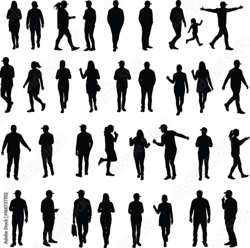 People walking silhouettes, male and female figures, casual standing poses, urban lifestyle vector, street crowd illustration, everyday movement graphics, 